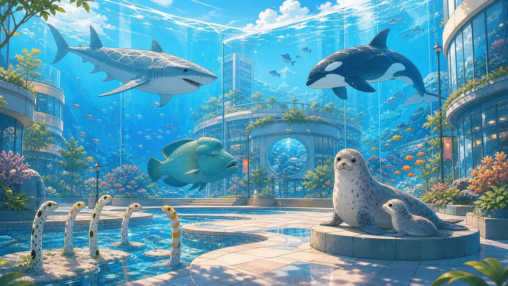 サメとティラノサウルスが港町を楽しく歩く図鑑風アニメイラスト