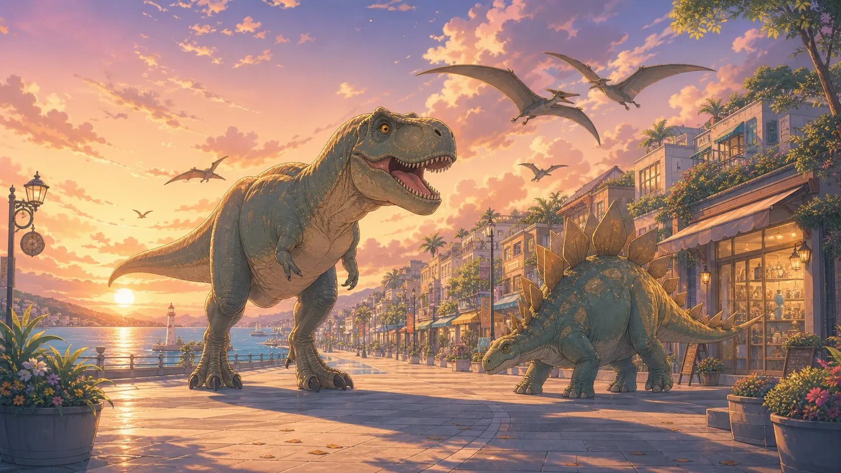 ダイオウイカとアルゼンチノサウルスが街の上に広がる図鑑風アニメイラスト
