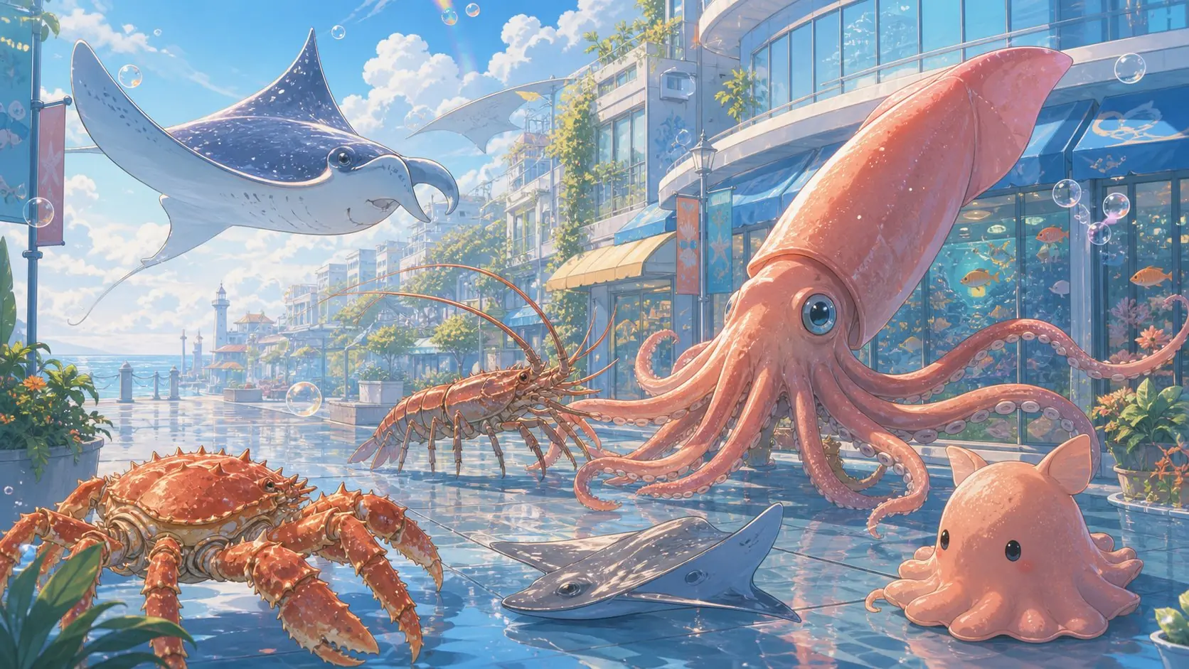 メンダコとクラゲとプテラノドンが夕方の街に浮かぶ図鑑風アニメイラスト