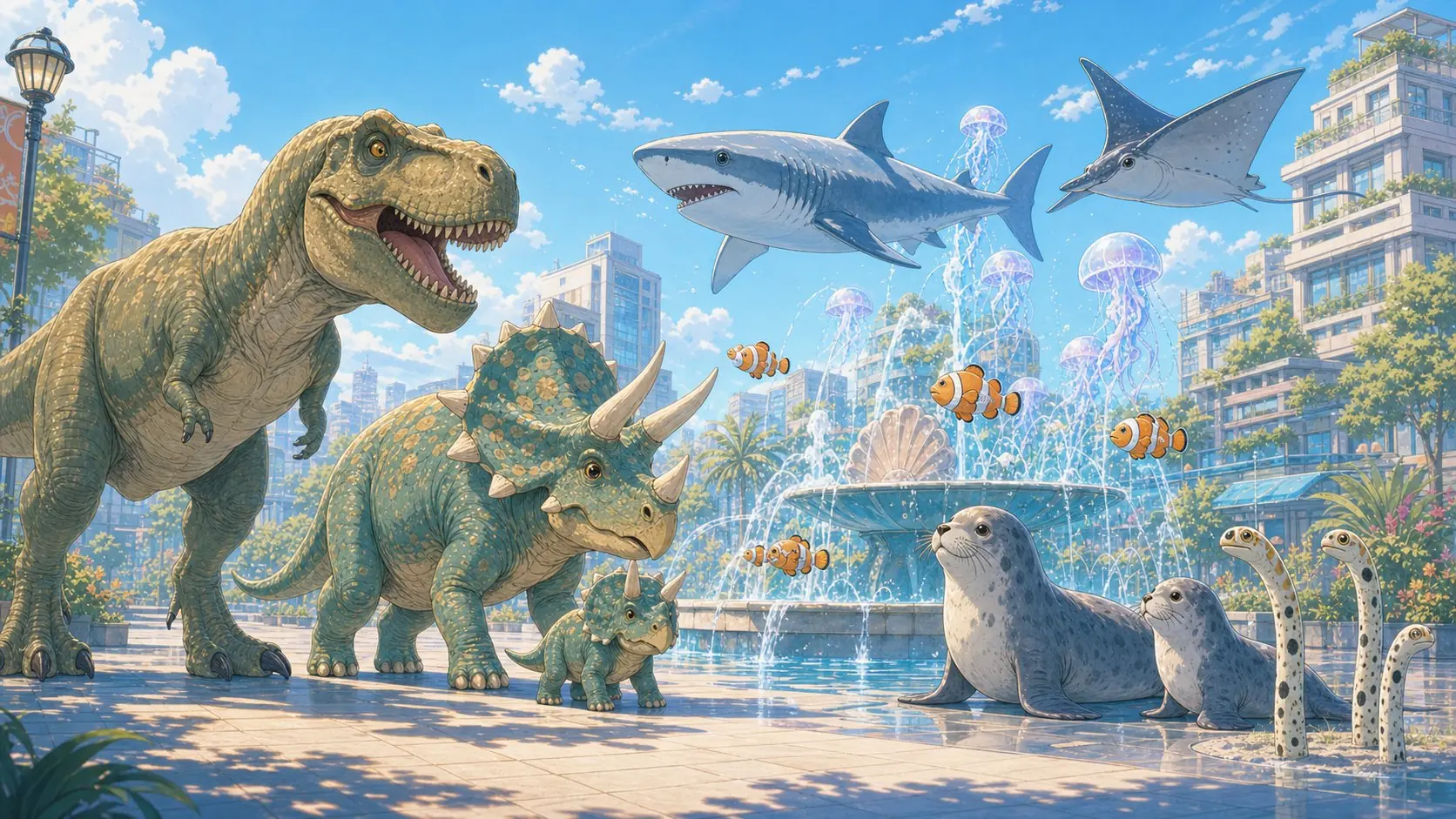 タラバガニとチンアナゴとオウギワシが夜の街を彩る図鑑風アニメイラスト