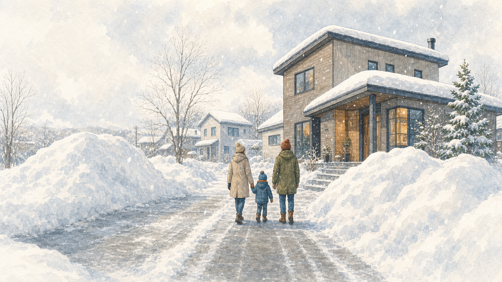 雪置き場と玄関までの動線が見える北海道の住宅