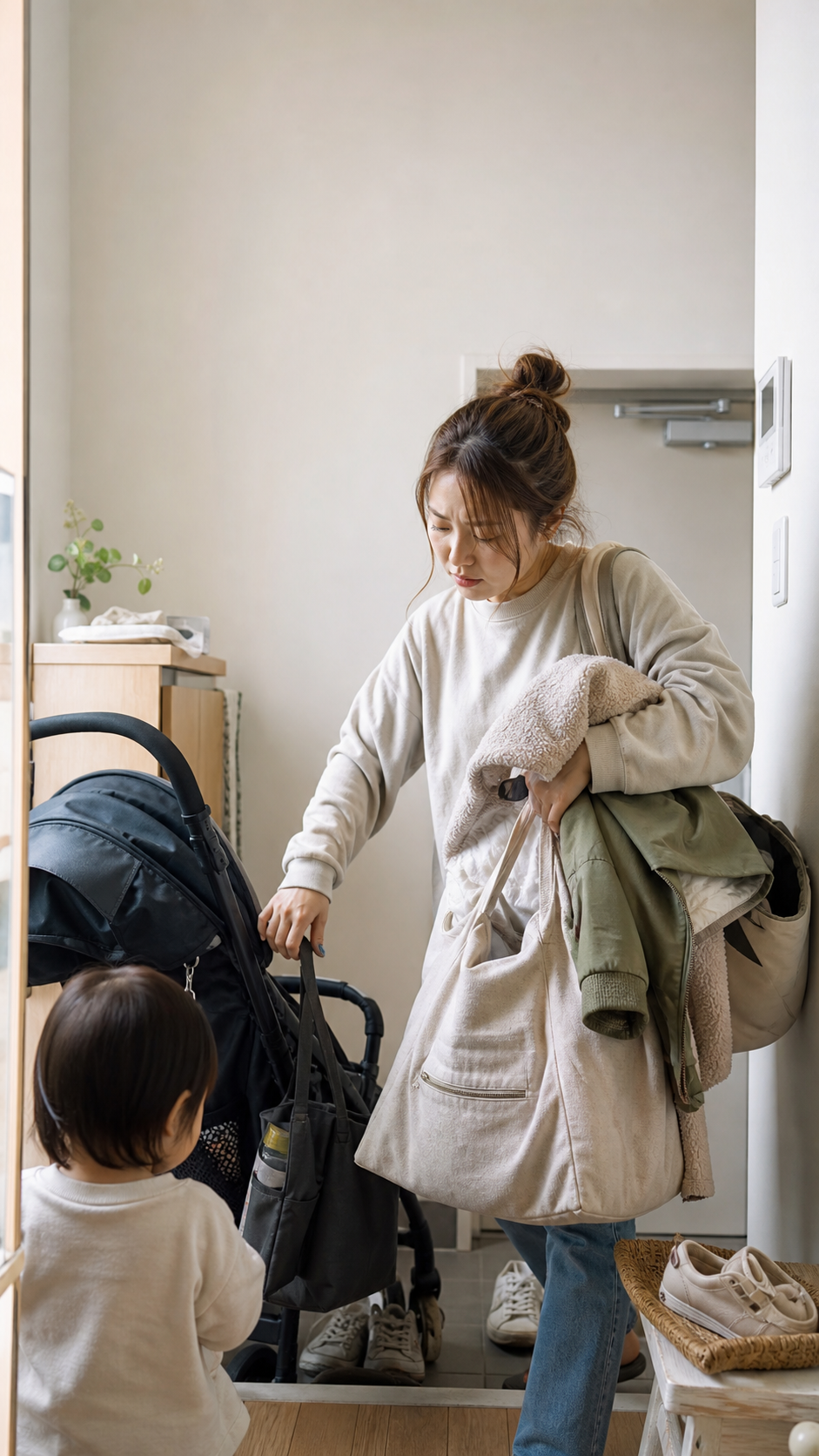 出発前に荷物を抱えるママのイメージ